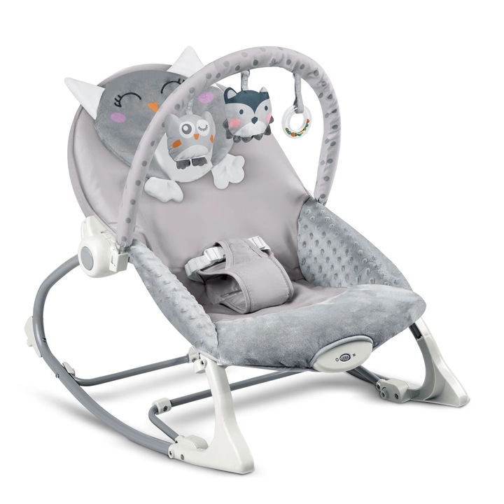 Balansoar si scaun 3 in 1 pentru bebelusi si copii "ISP Bufnita Somnoroasa" 0-18kg, cu vibratii calmante, Gri Mat