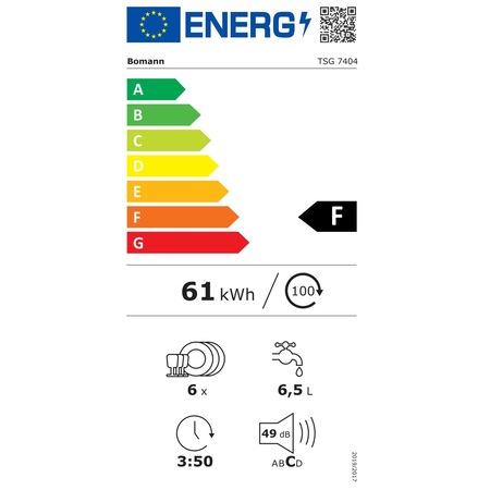 Masina de spalat vase Bomann, TSG7404, 6 seturi, 5 programe, mod eco, pornire intarziata, mod pre-clatire, incalzire apa rapid, semnal sonor, temperatura 40-70°C, indicator lipsa detergent, usor de folosit, alb