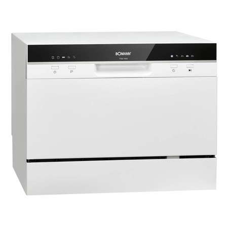 Masina de spalat vase Bomann, TSG7404, 6 seturi, 5 programe, mod eco, pornire intarziata, mod pre-clatire, incalzire apa rapid, semnal sonor, temperatura 40-70°C, indicator lipsa detergent, usor de folosit, alb