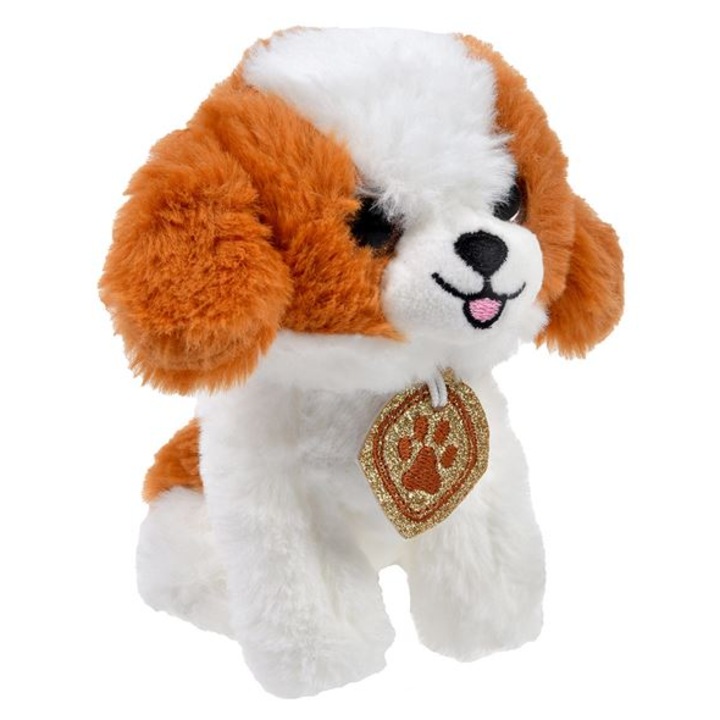 Плюшено куче с панделка, Седнало, 10х12х15 см, Бял/Кехлибар