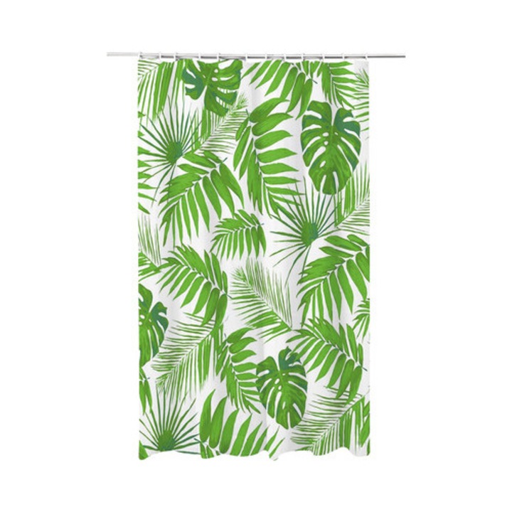 Perdea de dus model frunze, 180 x 200 cm, PES, verde/alb