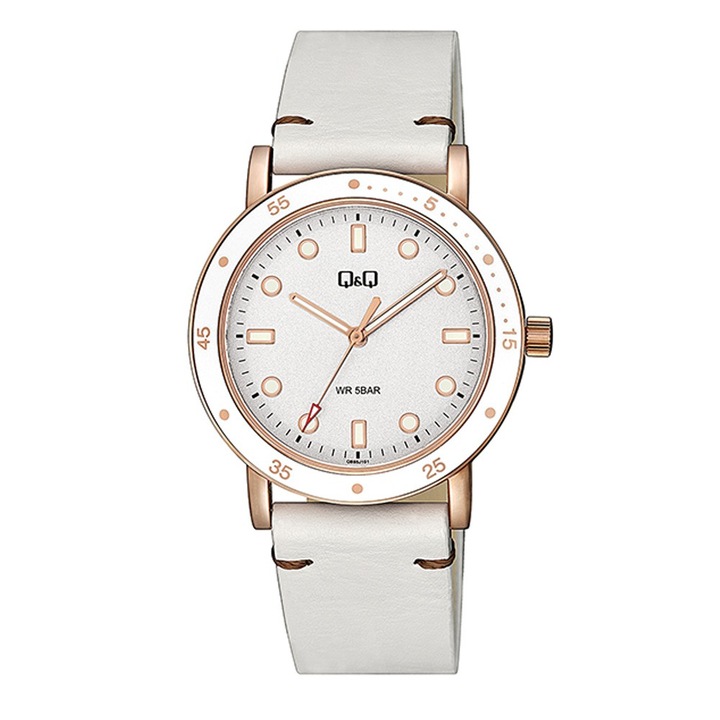 Q&Q női karóra, quartz, rózsaarany színű tok, fehér szíj, fehér számlap, QB85J101Y