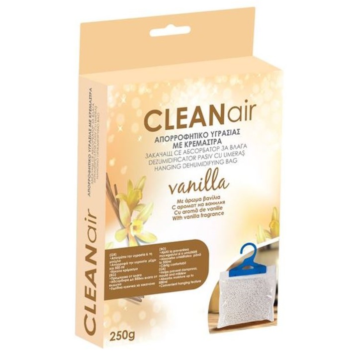 Absorbant de umiditate pentru umeras, dulap, sertare, dezumidificator cu parfum discret de vanilie 250 g