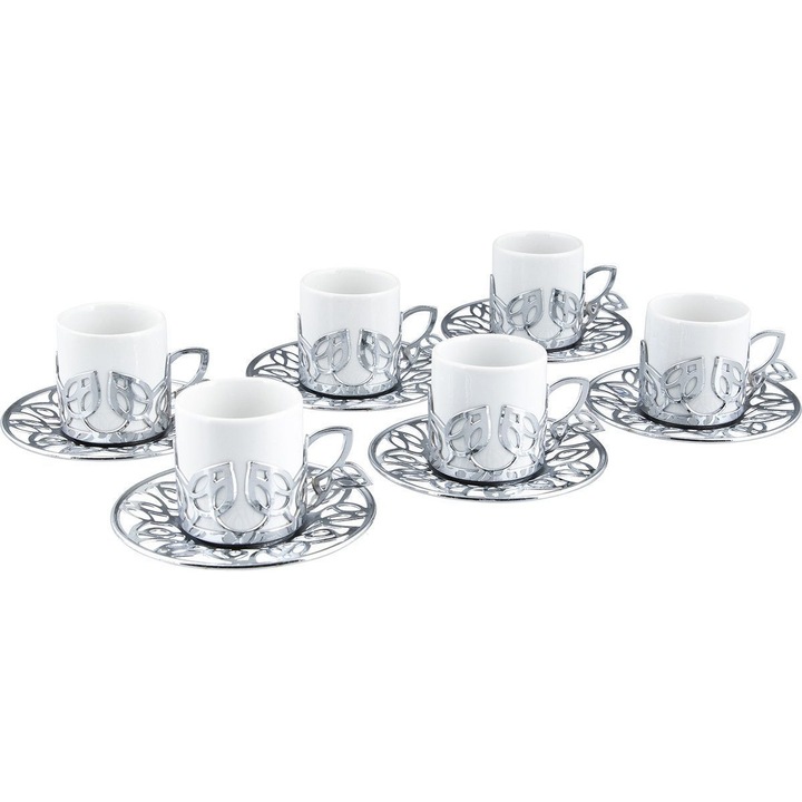 Set 6 cesti cafea turceasca cu farfurioara, 60 ml x 6, Ø5xh6 cm/ Ø11xh1.5 cm, EHA - Argintiu