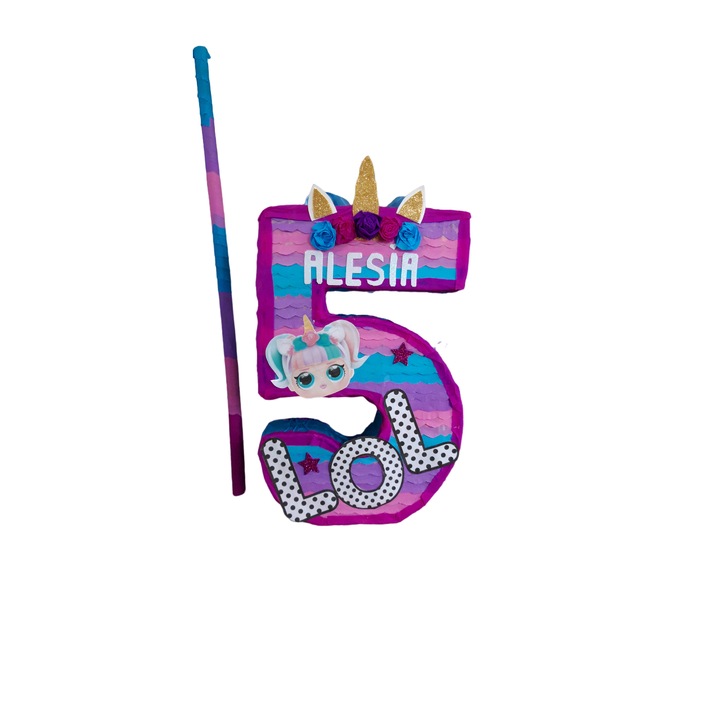 Pinata personalizata, model cifra LOL Unicorn, 60 cm, multicolor