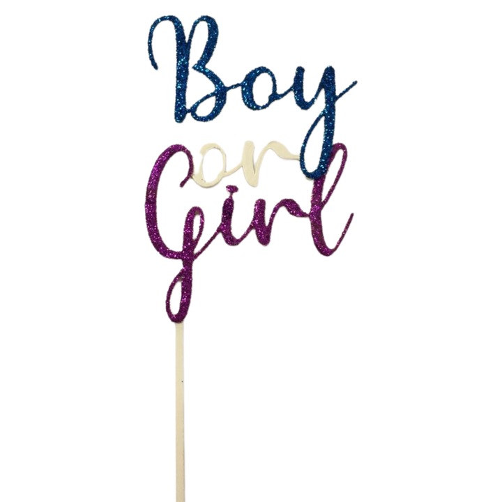 Decoratiune topper tort "Boy or Girl" gender reveal, personalizata cu sclipici, 11.5 cm