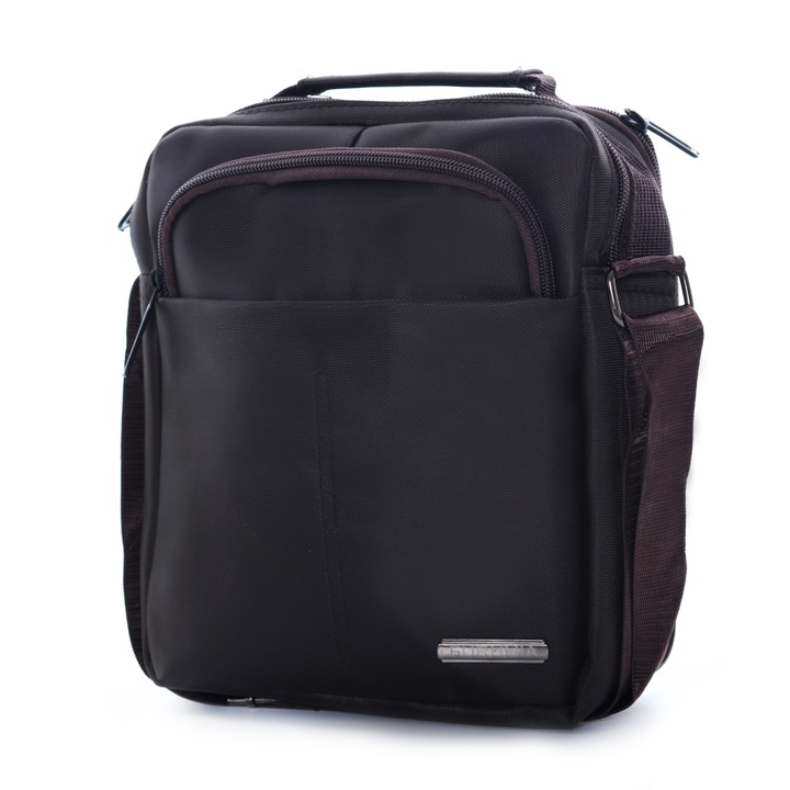 Borseta de umar pentru barbati, maro, 5 compartimente, material textil, 25x20x5 cm, REC2272