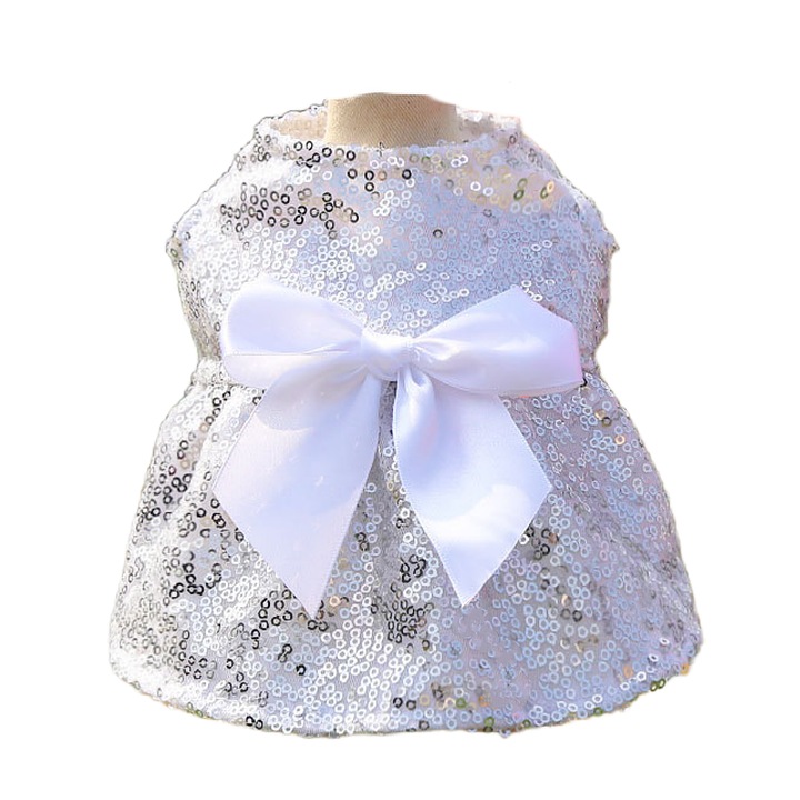 Rochita cu fundita si paiete decorative, pentru caini, 223A03, alb, M