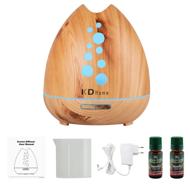 Difuzor aromaterapie KD Home™ SU-F01, 40m2, functie difuzare arome, lumina ambientala, ultrasunete, 20-50 ml/h, rezervor 400ml, maro