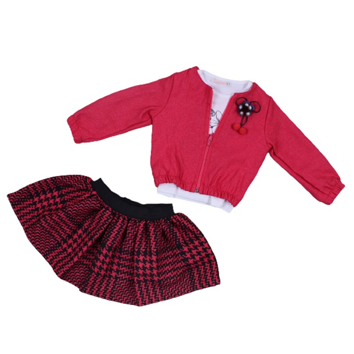 Compleu 3 piese, geaca subtire, bluza maneca lunga si fusta rosie