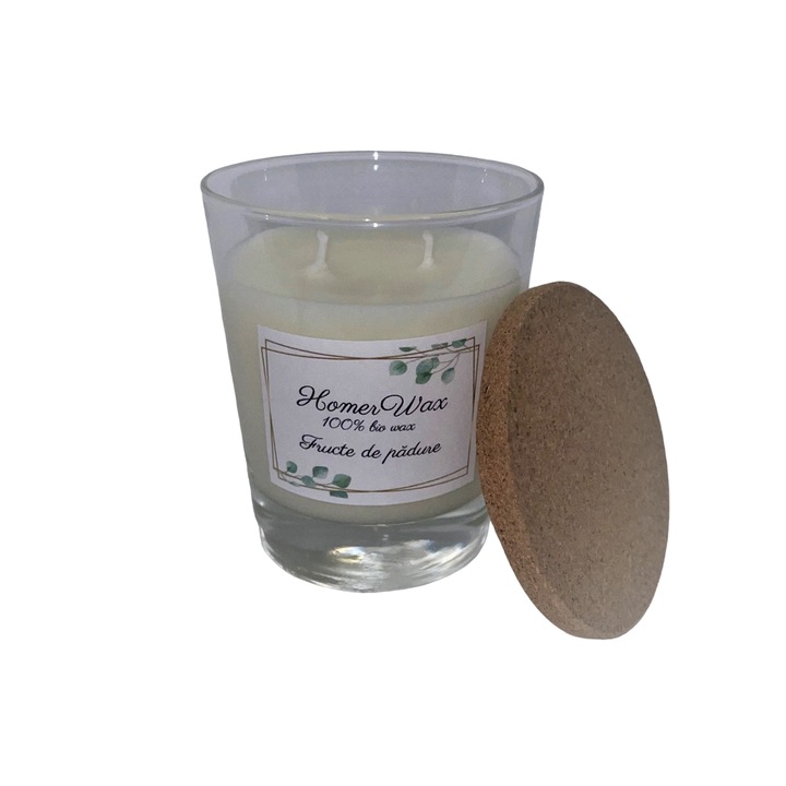 Ароматизирана свещ от натурален соев восък, 2 фитила от парафиниран органичен памук, ръчна изработка, корково покритие, аромат на горски плодове, количество восък 180 гр.