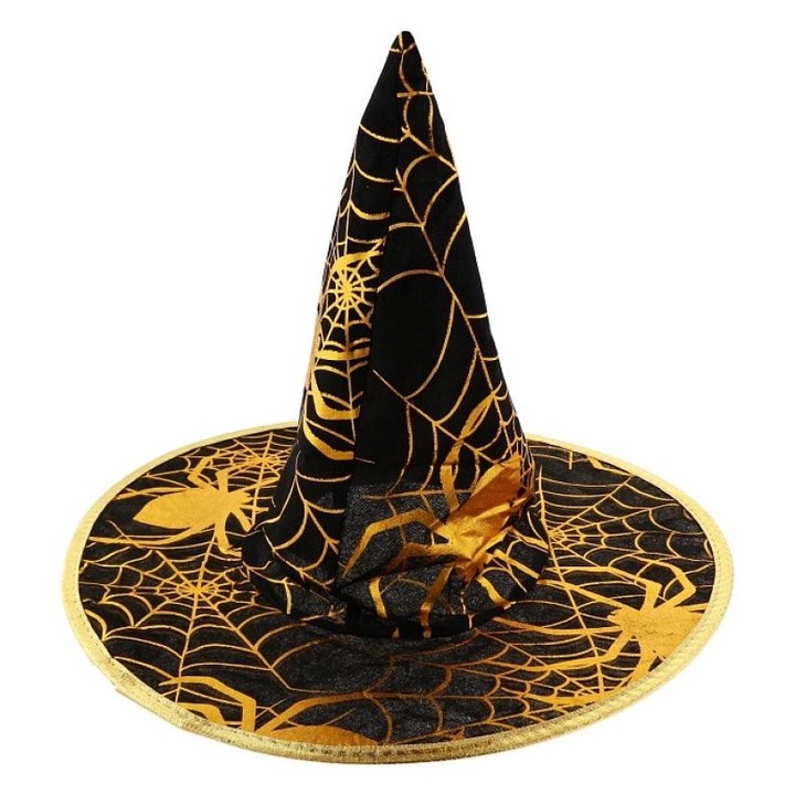 Palarie de vrajitoare cu panza de paianjen negru-auriu marime universala