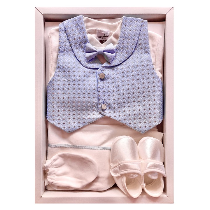 Set Costum botez baieti cu papion si rever BABYLIA, 6 piese, 100% Bumbac antialergic, 0-3 luni 52-62 cm, Alb/Albastru