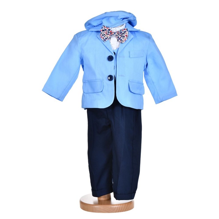 Costumas botez baietel, albastru deschis, 5 piese, 1 - 3 luni, Denikos® H011