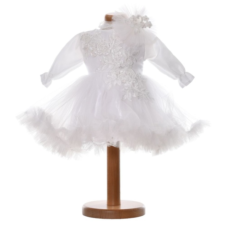 Rochie botez fata, culoare alb diafan, 2 piese, 1 - 3 luni, Denikos® H039