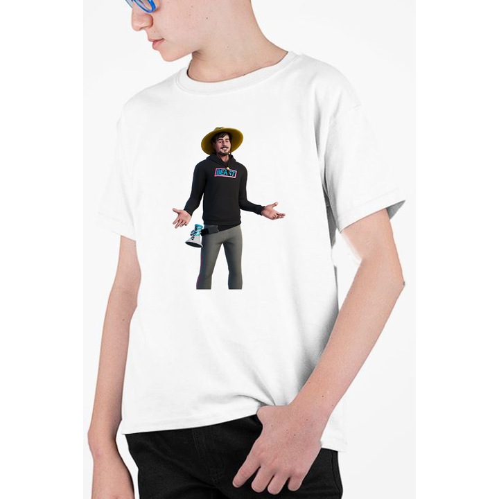 Tricou pentru copii personalizat cu imprimeu Fortnite - MrBeast, Alb, 140-152 CM, 10 ani