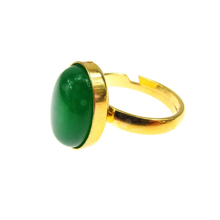 Inel argint reglabil placat cu aur cu agat verde 14x10 MM, GlamBazaar
