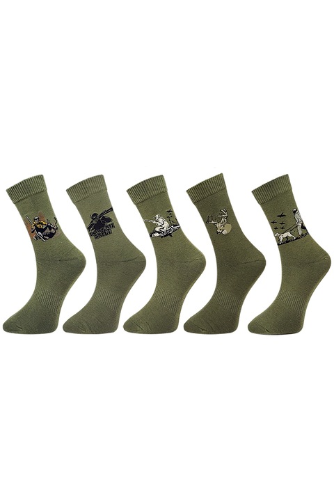 Set 5 Perechi Sosete din Bumbac Model 'Hunting Socks' Culoare Verde