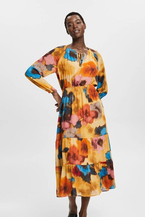 Esprit, Дълга разкроена рокля с флорален десен, Многоцветен, XS
