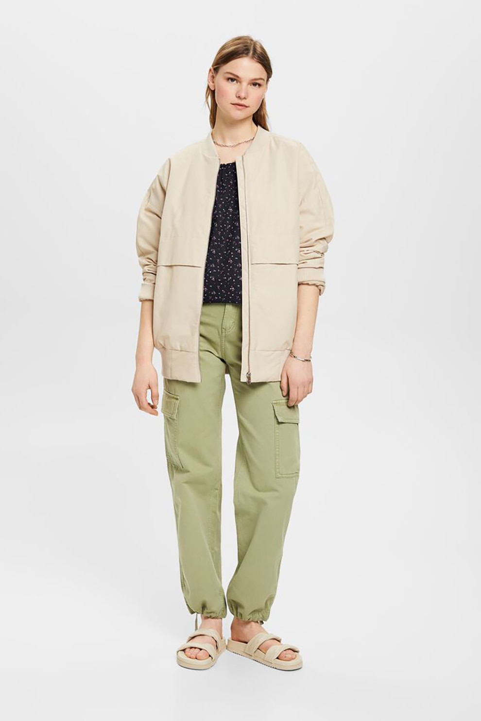 Esprit, Top din amestec de in cu model floral, Negru, Alb