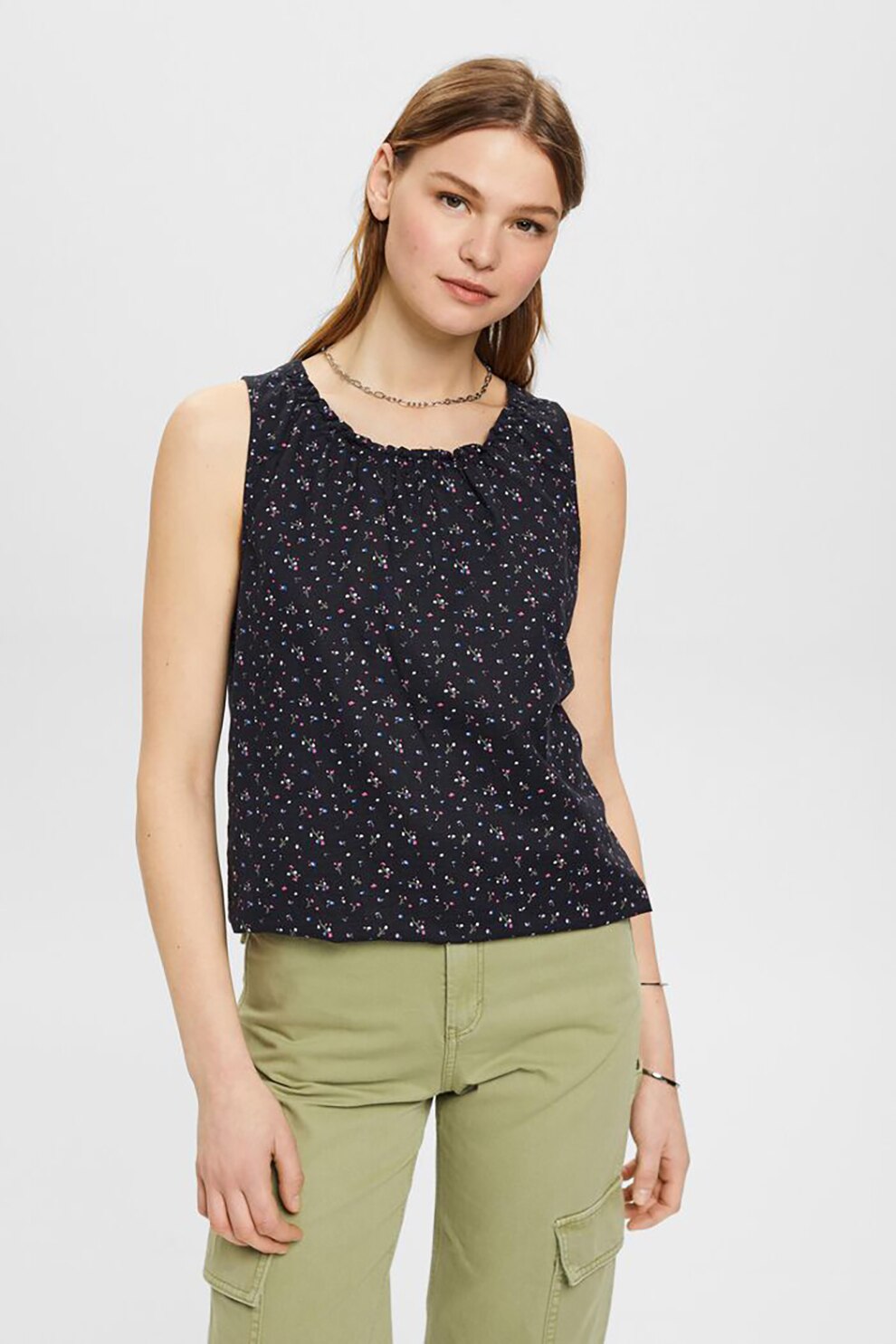 Esprit, Top din amestec de in cu model floral, Negru, Alb