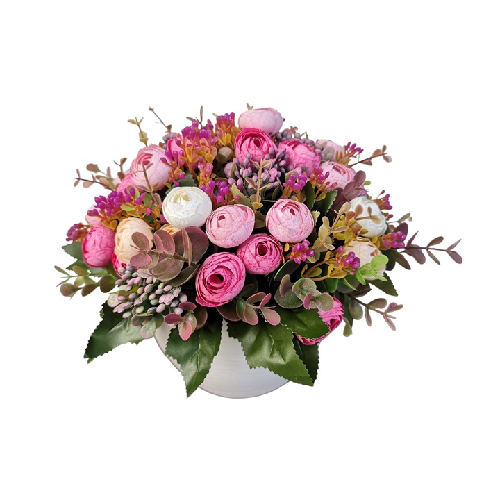 Aranjament floral colorat, diametru 25 cm, cu flori artificiale, DADY, ranunculus roz si somon, bobite roz, verdeata artificiala, in vas ceramic