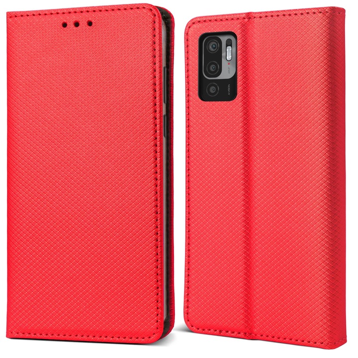 Калъф за телефон Moozy Flip On за Xiaomi Redmi Note 10 5G, Xiaomi Poco M3 Pro 5G, червен, еко кожа