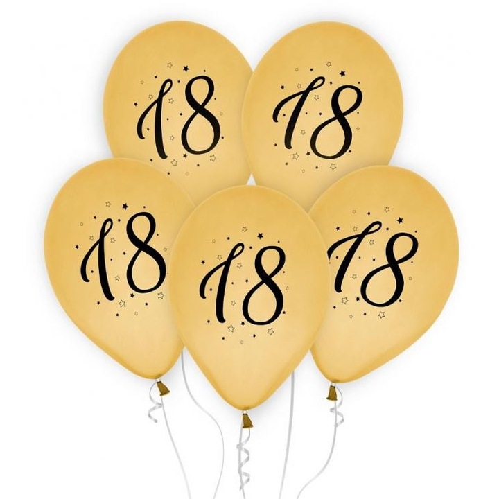 Set 5 baloane aniverare, Amscan, Latex, 30 cm, Auriu/Negru