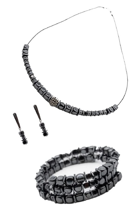 Set Bijuterii, UNICAT, Ma Bijoux, Black Shine 3, Colier/Bratara/Cercei, Pietre semipretioase Hematit, Negru Metalizat