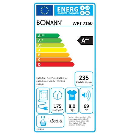Uscator de rufe Bomann, WPT7150, cu pompa de caldura, clasa A++, optiune antisifonare, consum redus, capacitate 8 kg, 16 programe, timer, child lock, semnal acustic, display LED, protectie supraincalzire, filtru scame, alb