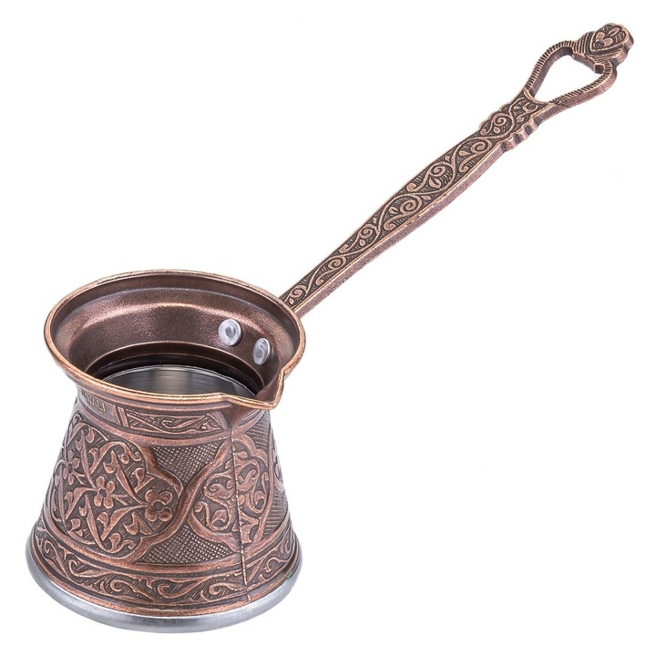 Ibric cafea turceasca in stil otoman, AYVALI Cezve, Zamac si Inox, Cupru antichizat, 400 ml