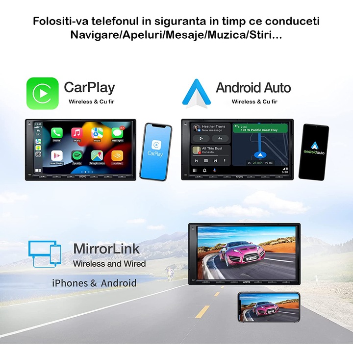 ATOTO A6 Performance Android autós navigáció, 32 GB ROM, 2 GB RAM, 7" IPS érintőképernyő, Apple CarPlay és Android Auto, MirrorLink, GPS, Bluetooth, USB, FM rádió, Wi-Fi, élő hátrameneti kamera funkció, telepítőkeret, fekete