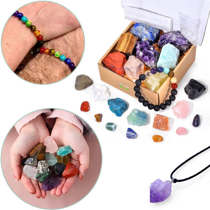 Set cutie premium 25 cristale semipretioase vindecatoare, GlowforHome, pandantiv, bratara, handmade, meditatie, echilibrare chakre, energie pozitiva, cadou, Selenit, Ametist, Cuart, Lapis, Citrin, Aventurin, Obsidian