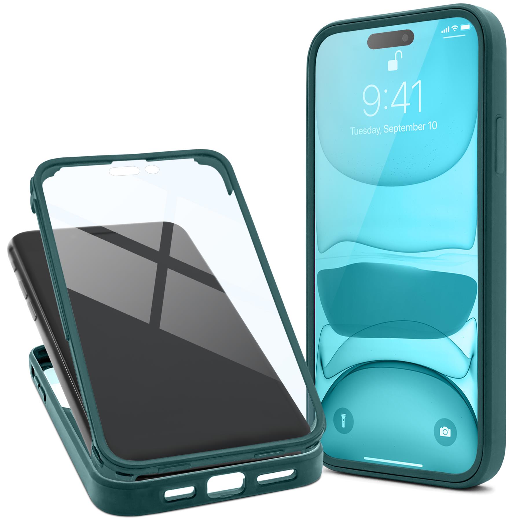 Husa 360, Moozy, pentru iPhone 14 Pro Max, Transparenta cu margine verde, cu Protector de ecran incorporat, Policarbonat