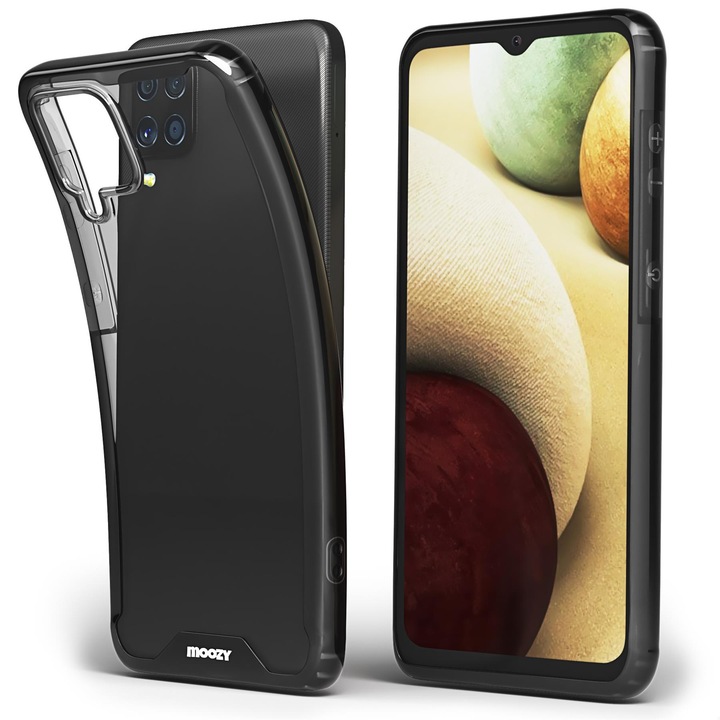 Hibrid tok kerettel, Moozy, Samsung Galaxy A12-hez, Fekete / Átlátszó, Műanyag