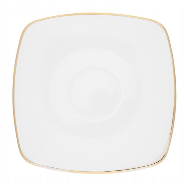 Farfurie Patrata, Portelan, 15CM, Alb/Auriu