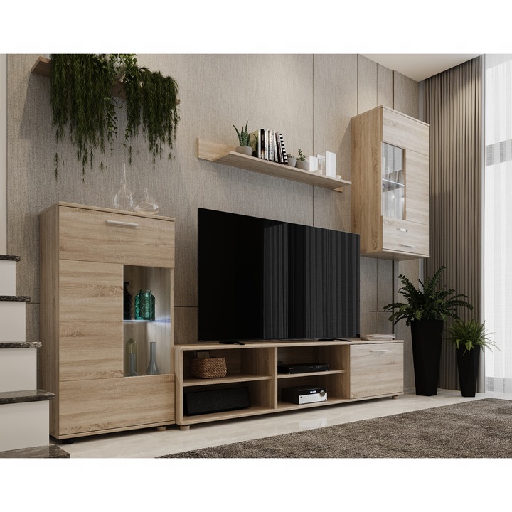 Mobilier pentru living, stejar sonoma, PAL, dulap cu vitrina, comoda, raft, livrat cu iluminare LED, design modern si elegant, 230x38, 5x190 cm