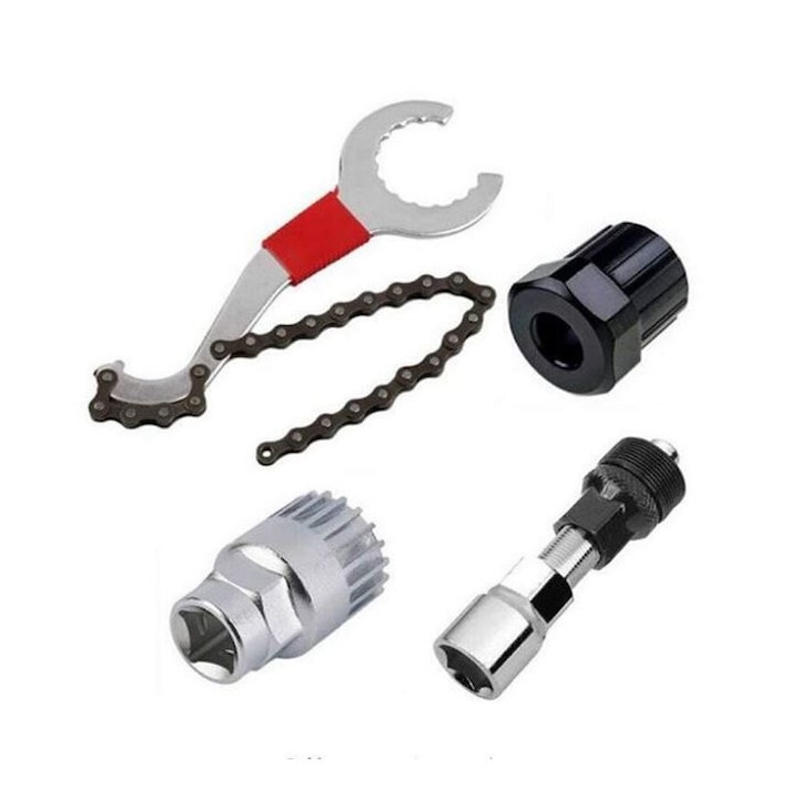 4 részes készlet lánckerekek be-/leszereléséhez, lánckerék fémlánccal, fogaskerék prés, monoblokk kulcs