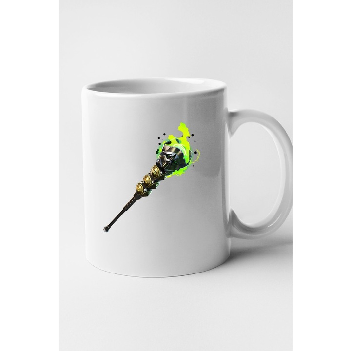 Cana personalizata cu imprimeu Fortnite - Staff of Doom Pickaxe, Ceramica, 330 ml, Maner si interior Alb