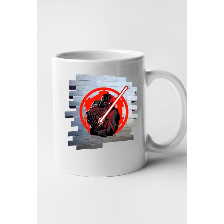 Cana personalizata cu imprimeu Fortnite - Lord Vader Spray, Ceramica, 330 ml, Maner si interior Alb