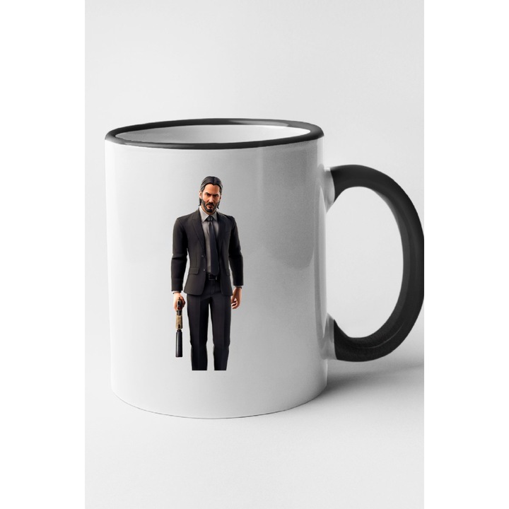 Cana personalizata cu imprimeu Fortnite - John Wick, Ceramica, 330 ml, Maner si interior Negru