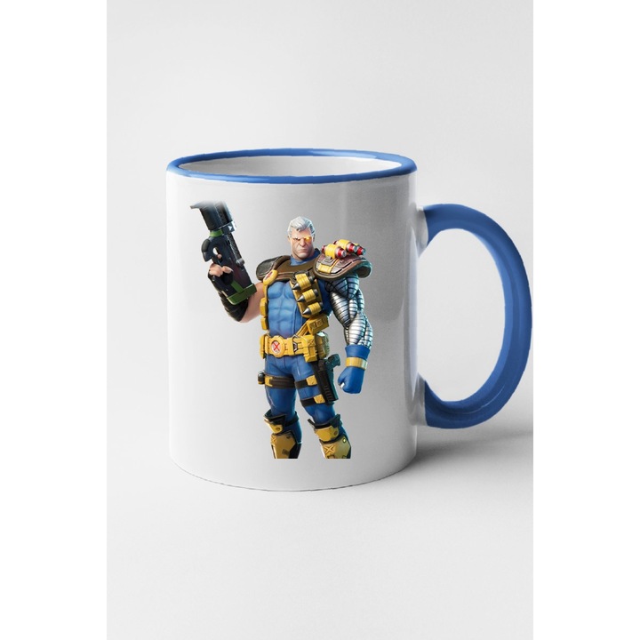 Cana personalizata cu imprimeu Fortnite - Cable, Ceramica, 330 ml, Maner si interior Albastru