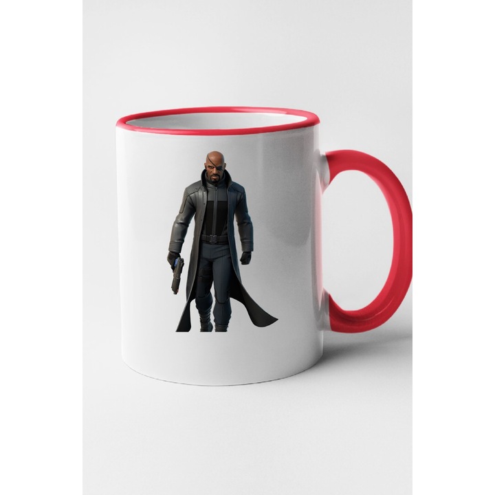 Cana personalizata cu imprimeu Fortnite - Nick Fury, Ceramica, 330 ml, Maner si interior Rosu