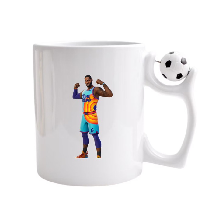 Cana personalizata cu imprimeu Fortnite - Tune Squad LeBron, Ceramica, 330 ml, Maner cu minge de fotbal