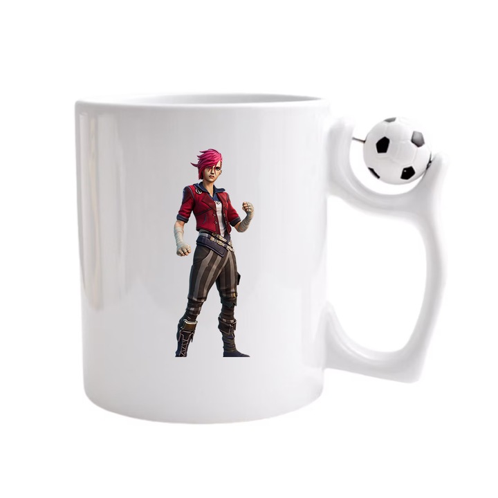 Cana personalizata cu imprimeu Fortnite - Arcane Vi, Ceramica, 330 ml, Maner cu minge de fotbal