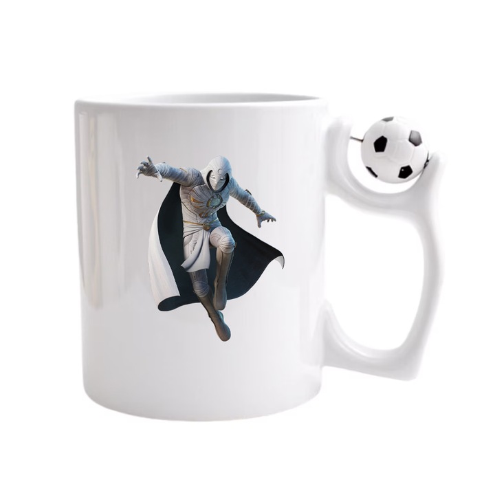 Cana personalizata cu imprimeu Fortnite - Moon Knight, Ceramica, 330 ml, Maner cu minge de fotbal
