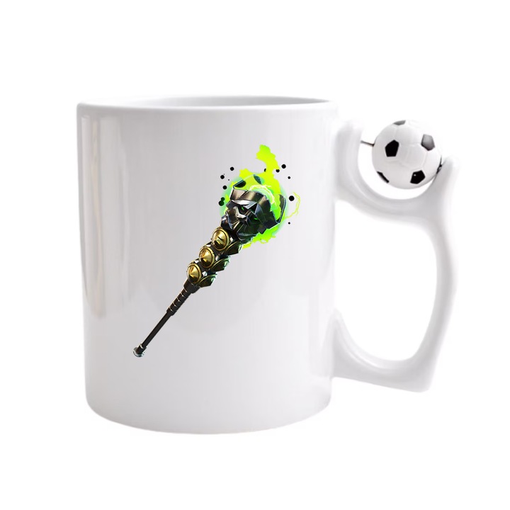 Cana personalizata cu imprimeu Fortnite - Staff of Doom Pickaxe, Ceramica, 330 ml, Maner cu minge de fotbal
