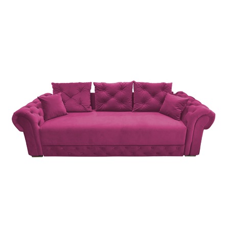 Canapea extensibila Betys, MobAmbient, Roz, material textil, cu cotiere si perne Chesterfield, extensie 140 cm din plasa de arcuri tip relaxa, lada de depozitare, 3 perne mari si 2 perne mici incluse, 240 x 140 cm