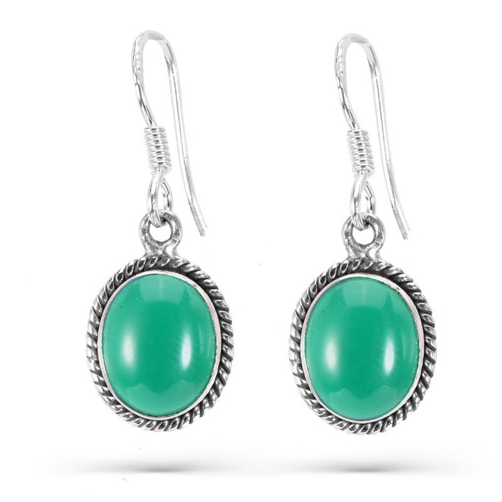 Дълги обеци сребърен оникс, зелено Усукано въже