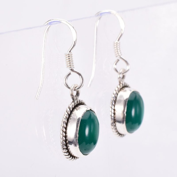 Дълги обеци сребърен оникс, зелено Усукано въже